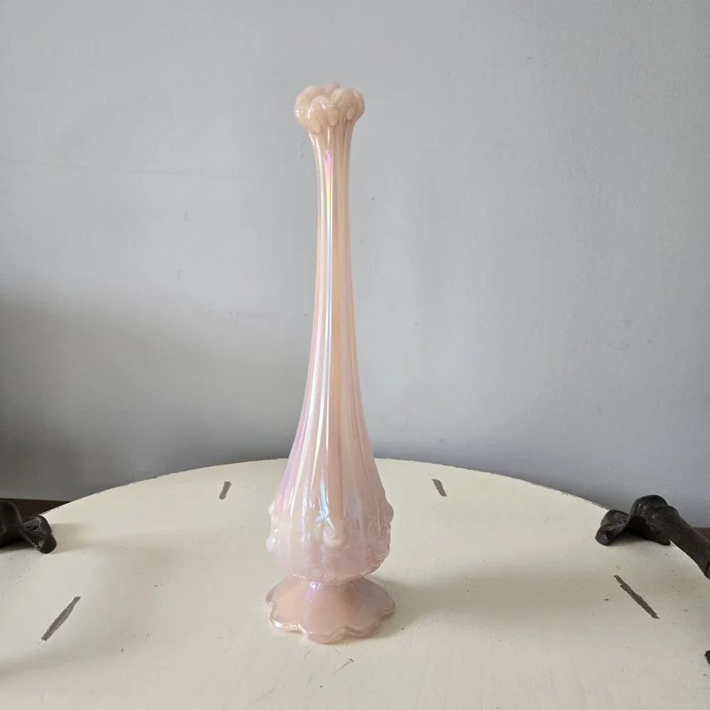 Vintage Fenton Cabbage Rose Pink Iridescent Glass Vase